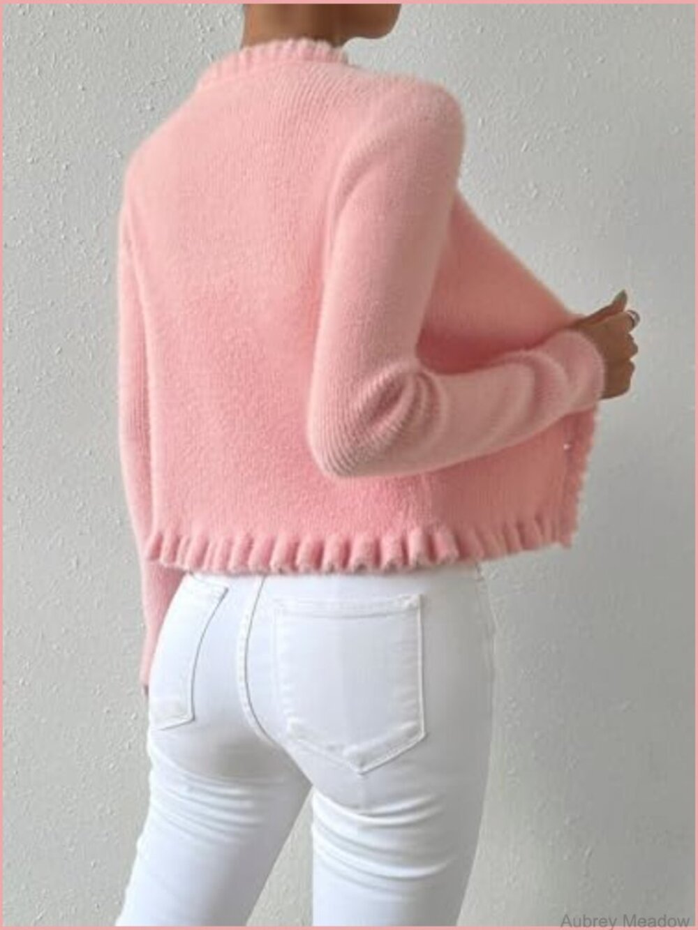Ruffle Button Cardigan Knitted Cropped V-Neck Long Sleeve Front Open Top - Picture 5 of 7